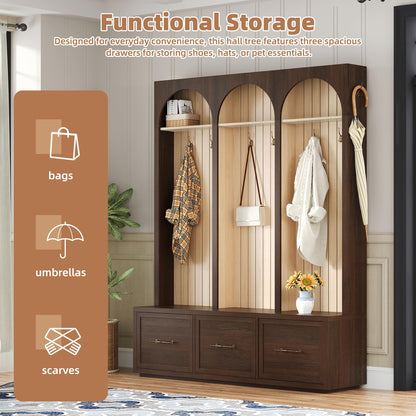 Merax Farmhouse Wood Hall Tree with Shoe Bench and 3 Drawers, 4-in-1 Entryway Coat Rack with 8 Hooks for Entrance, Hallway, Mudroom Dark Walnut