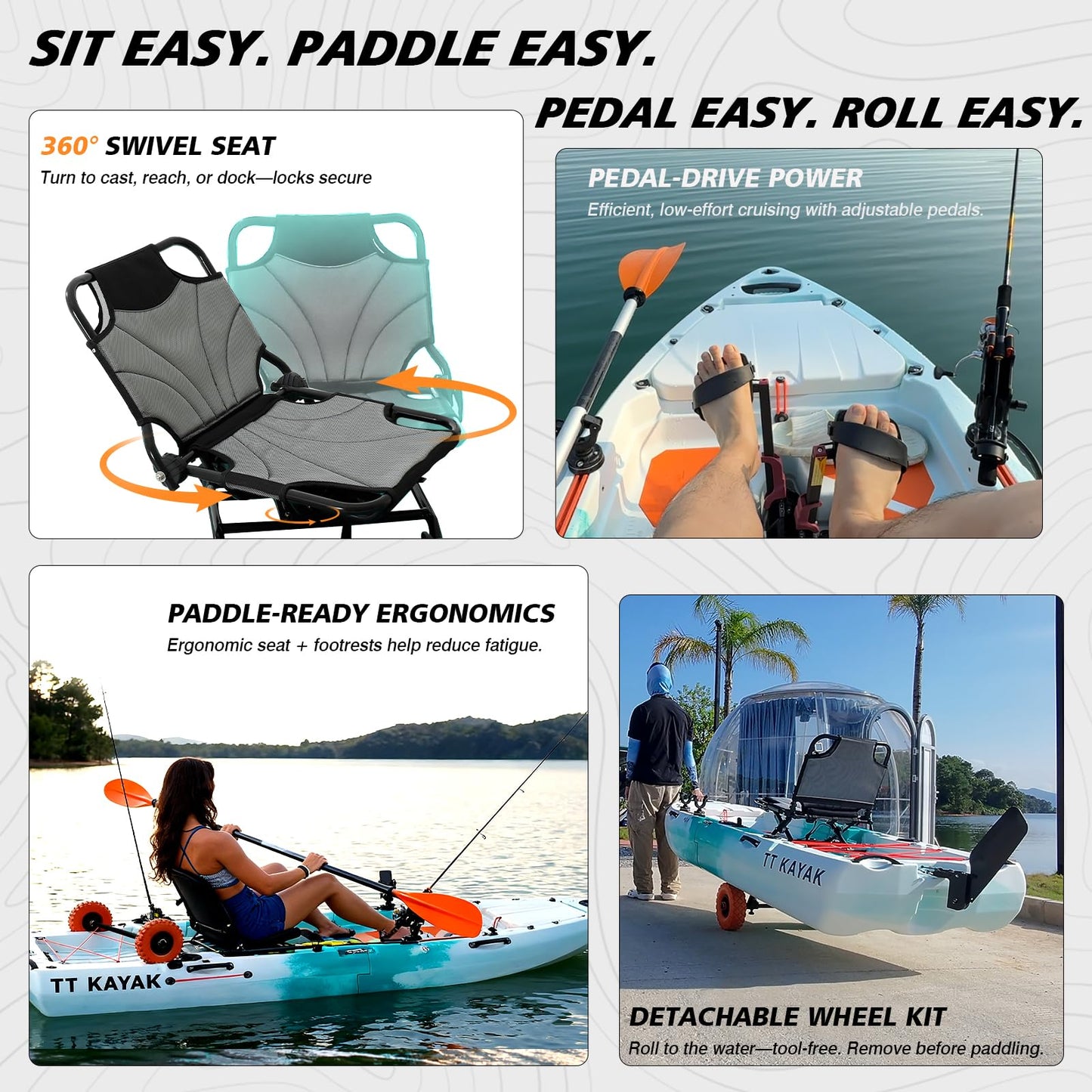 Modular Fishing Kayak with Cart & Paddle, 573 lbs Capacity, 110" Sit-on-Top Kayak, 360° Swivel Seat, 2-Piece Portable Design Fits SUV/Pickup/Van, for Ocean, Lake & River (1-Person Kayak)