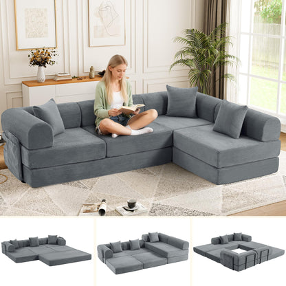 Trygoal 106.3" Oversized Convertible Sleeper Sofa Bed, L Shape Modular Sectional Cloud Sofa with Fixed-Shape Frame, Boneless Couch with Storage Pocket for Living Room, No Assembly Required, Gray