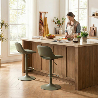 YOUNIKE Bar Stools Set of 2 Modern Swivel Barstools, Adjustable Counter Height Bar Stools Faux Leather Upholstered Counter Stools with Hollow Back for Kitchen Island, All Olive Green