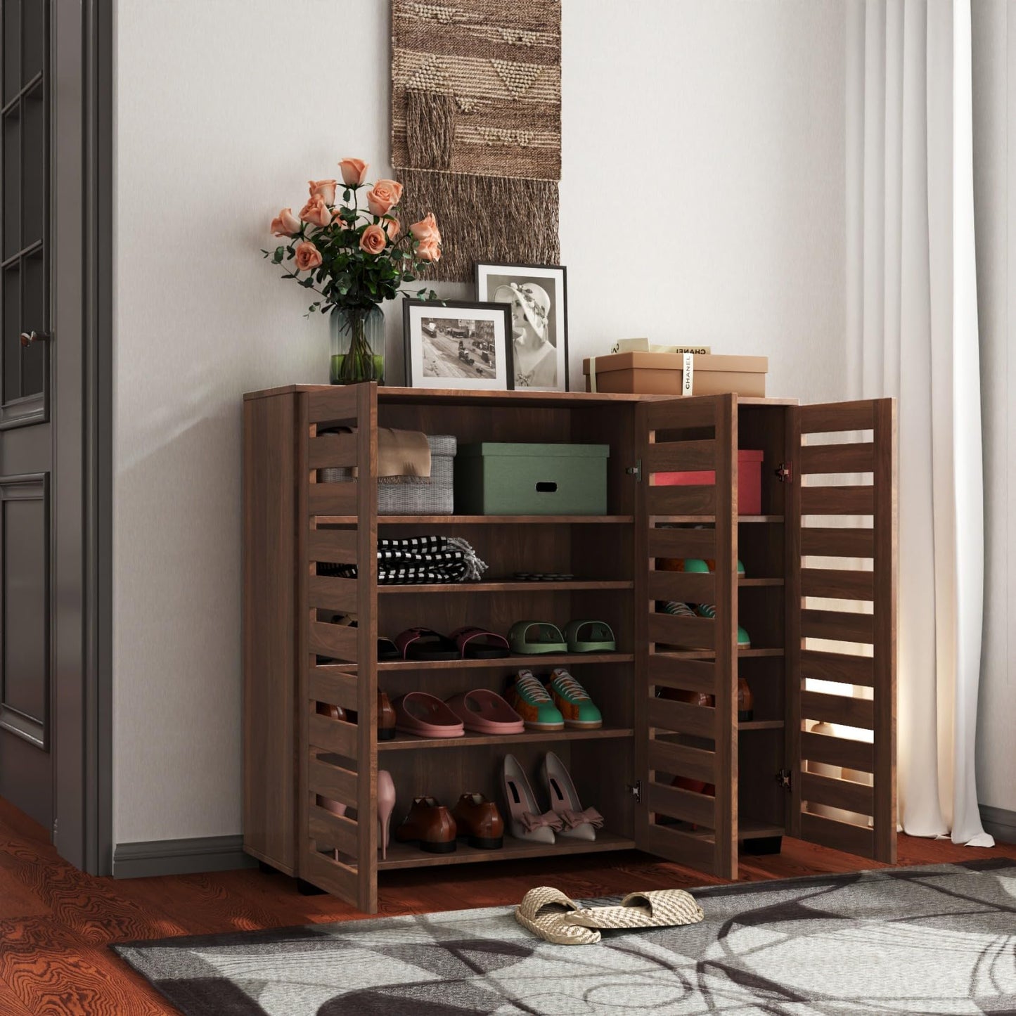 KEIKI 44.88'' Wooden Shoe Cabinet Storage for Entryway with 3 Louvered Door, Freestanding Sideboard Buffet Table Organizer for Hallway, Living Room, Adjustable 4-Tier Shelves, Walnut