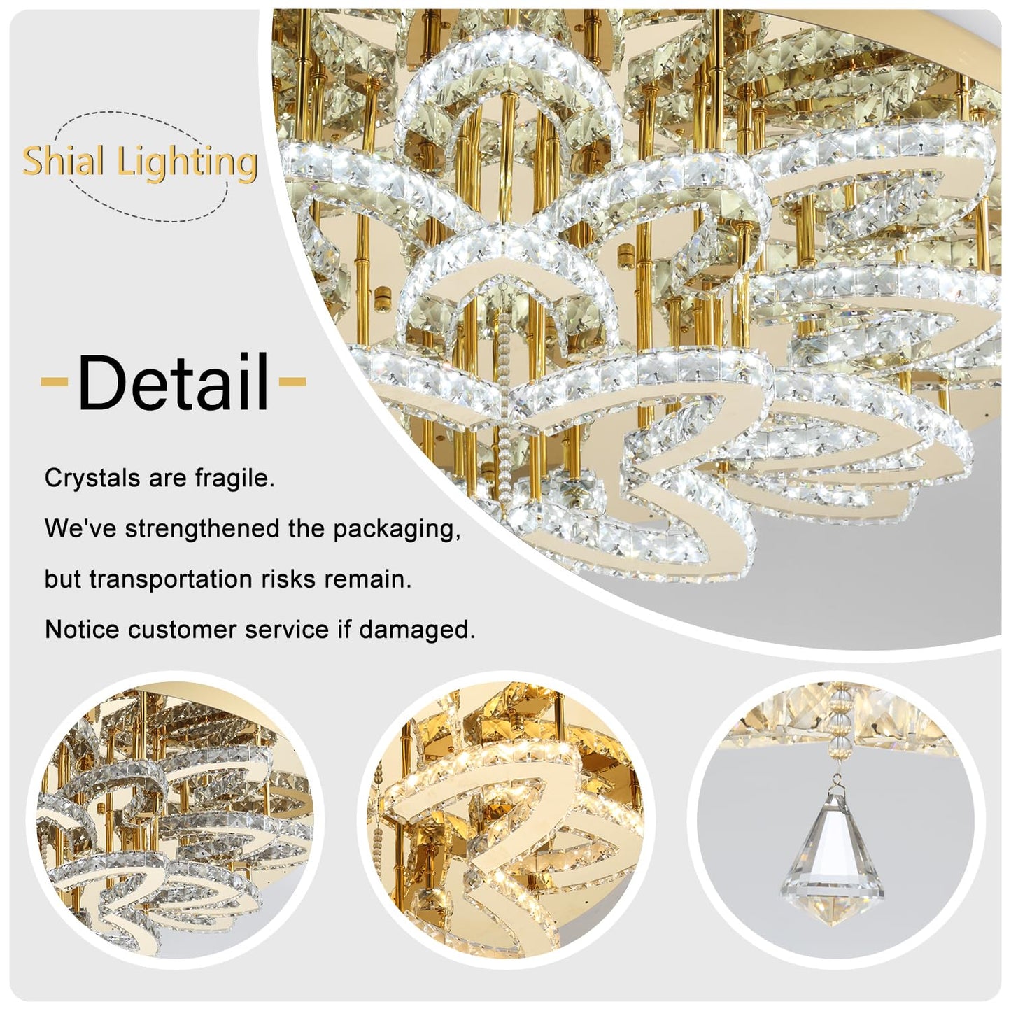 Shial Lighting 40" Modern Crystal Chandelier for Dining Room LED Dimmable Flush Mount Chandeliers Gold Ceiling Chandelier for Living Room Bedrooms