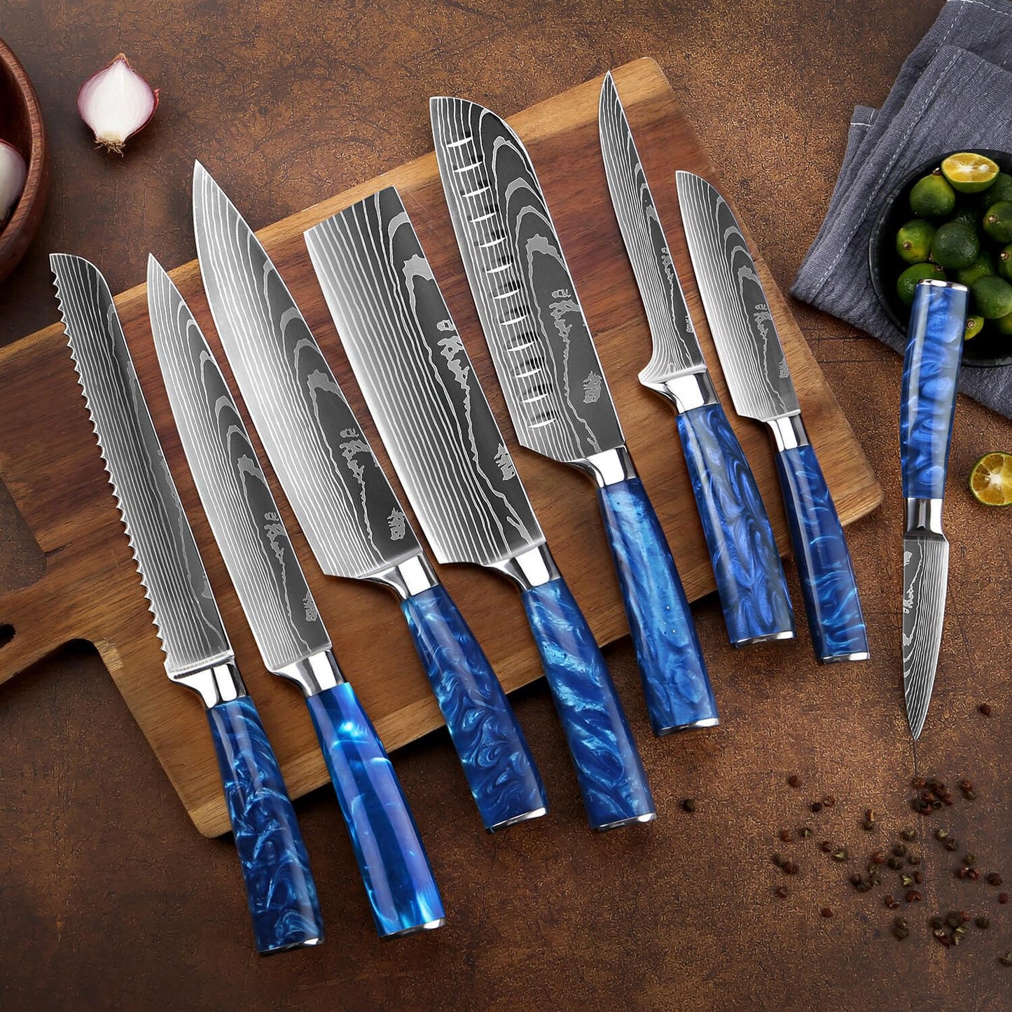 SENKEN 16-Piece Kitchen Knife Block Set - Japanese Chef's Knife Set with Laser Damascus Pattern, Includes 6 Steak Knives and Smoothly Finished Acacia Hardwood Knife Block (Blue Resin Handles)