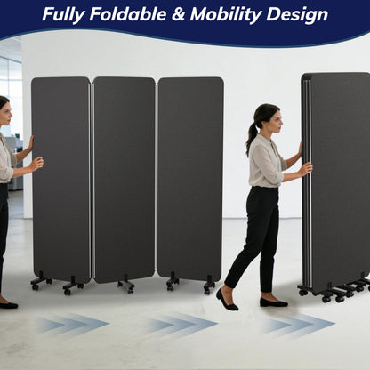 KERRAM 3 Panel Foldable Office Partitions, Mobile Cubicle Wall with Wheels, 71 x 66 Inch Noise Cancelling & Sound Proof Room Dividers Partition Wall, Aluminum Frame Dark Gray