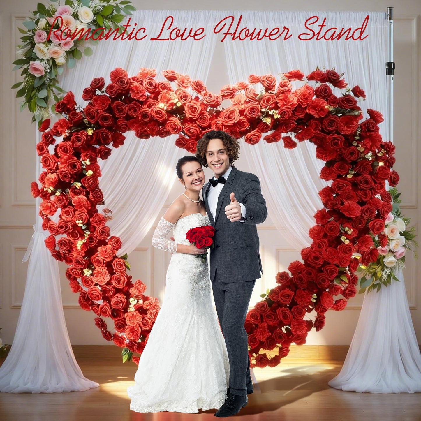 Heart Flower Arch Wedding Arch with Flowers, Romantic Heart Shaped Metal Archway for Indoor Outdoor Ceremony, Proposal, Party & Event Decoration (red)