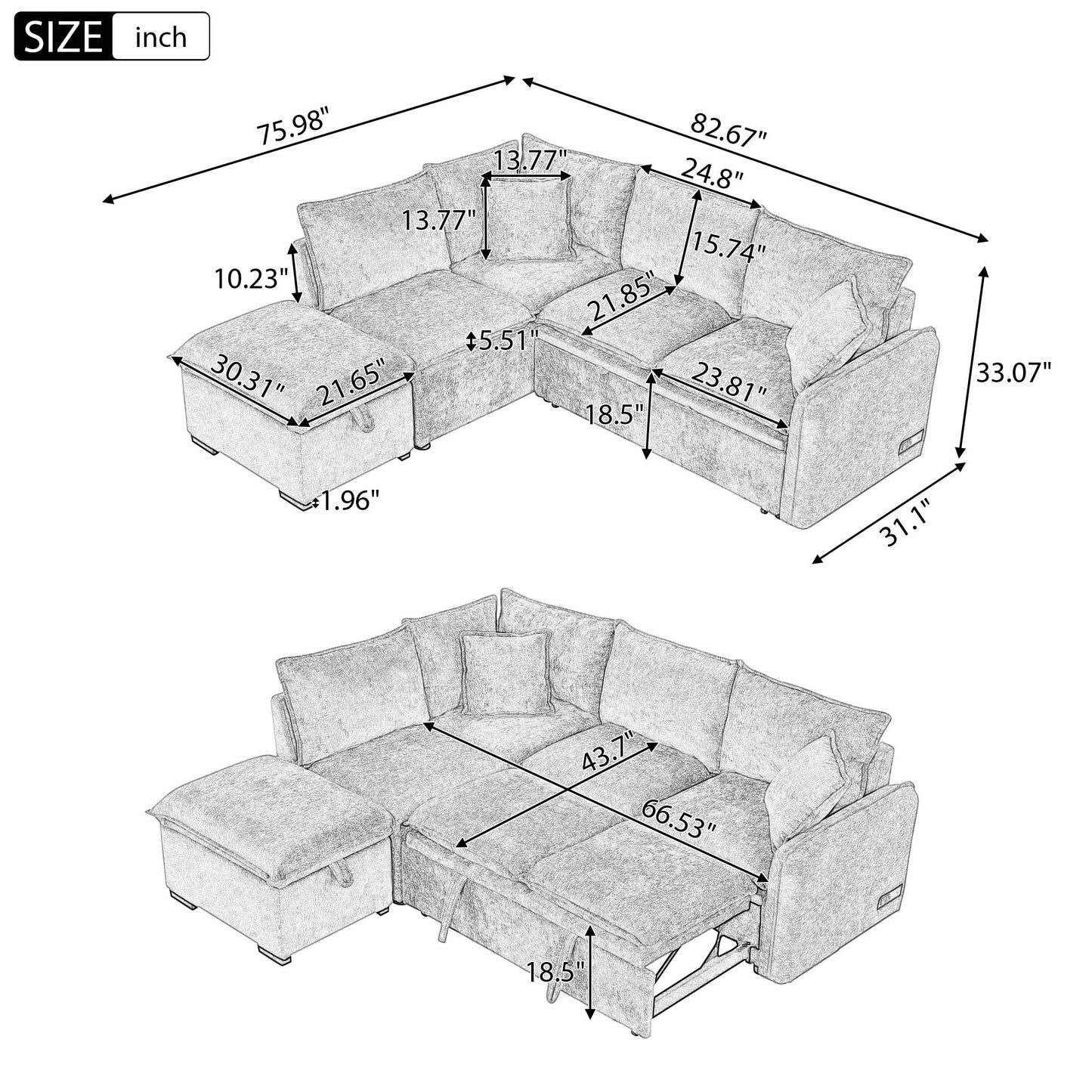 Merax Sectional Convertible Sofa Bed with Storage Ottoman, 2 Pillows, 2 Power Sockets and 2 USB Ports, Modular Sleeper Couch