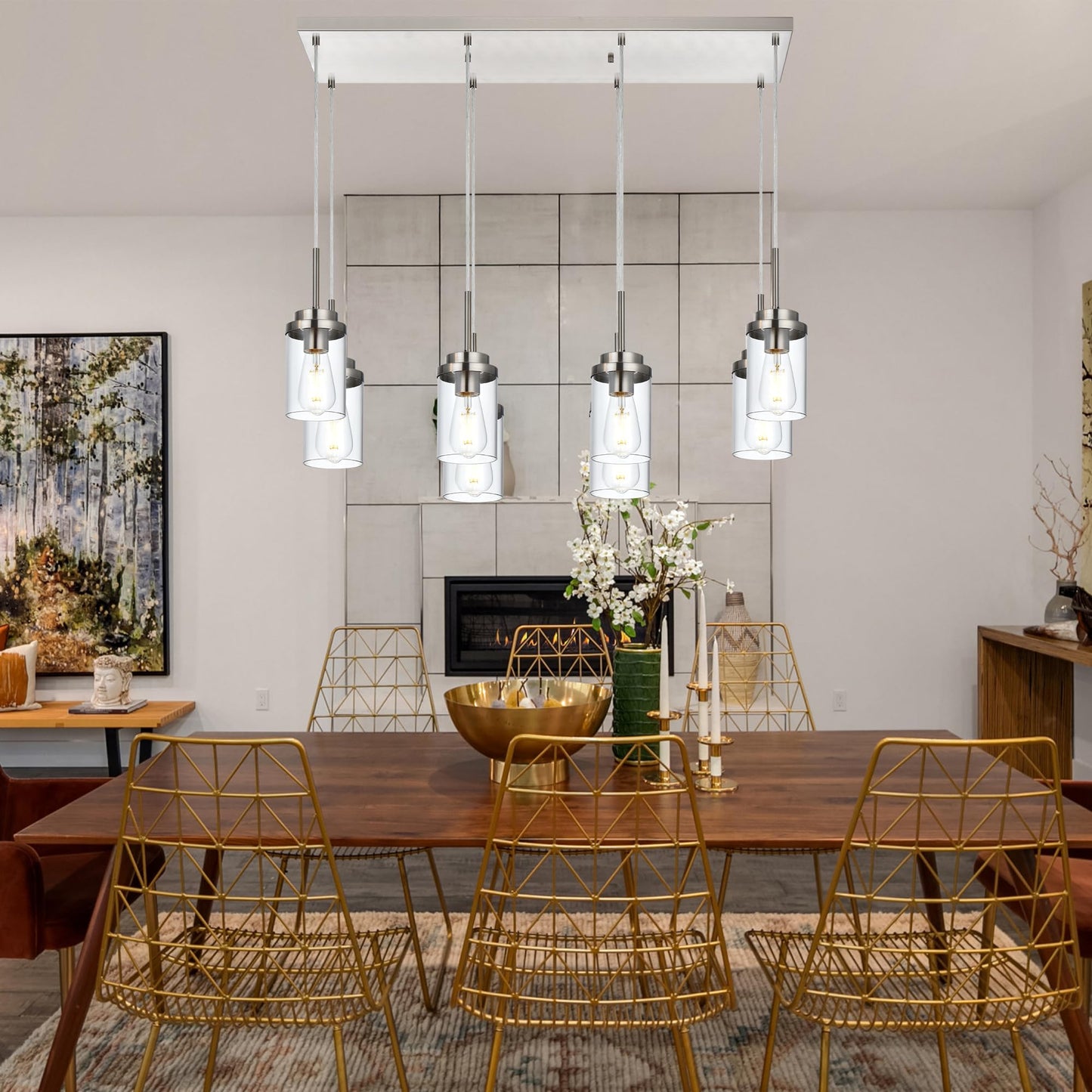 BONLICHT 8 Light Farmhouse Chandelier for Dining Room, Modern Industrial Foyer Linear Pendant Light Traditional Brushed Nickel Kitchen Island Lighting Fixture Hanging Ceiling Lights with Clear Glass