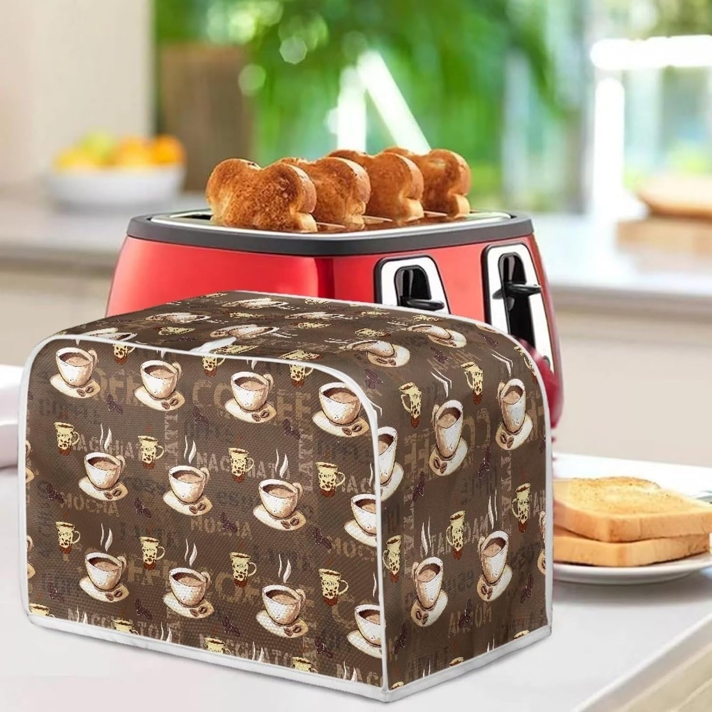 Coffee Design 4 Slice Toaster Dust Covers, Long Slot Decorative Lotus Print, Stain Resistant Appliance Cover