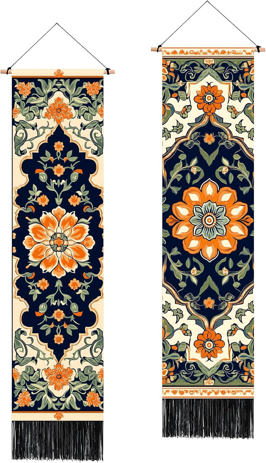 2 13"x51", BVBOX PCS Vertical Floral Tapestry Ottoman Aesthetic Long Vertical Wall Hanging Black Tassel Tapestries Home