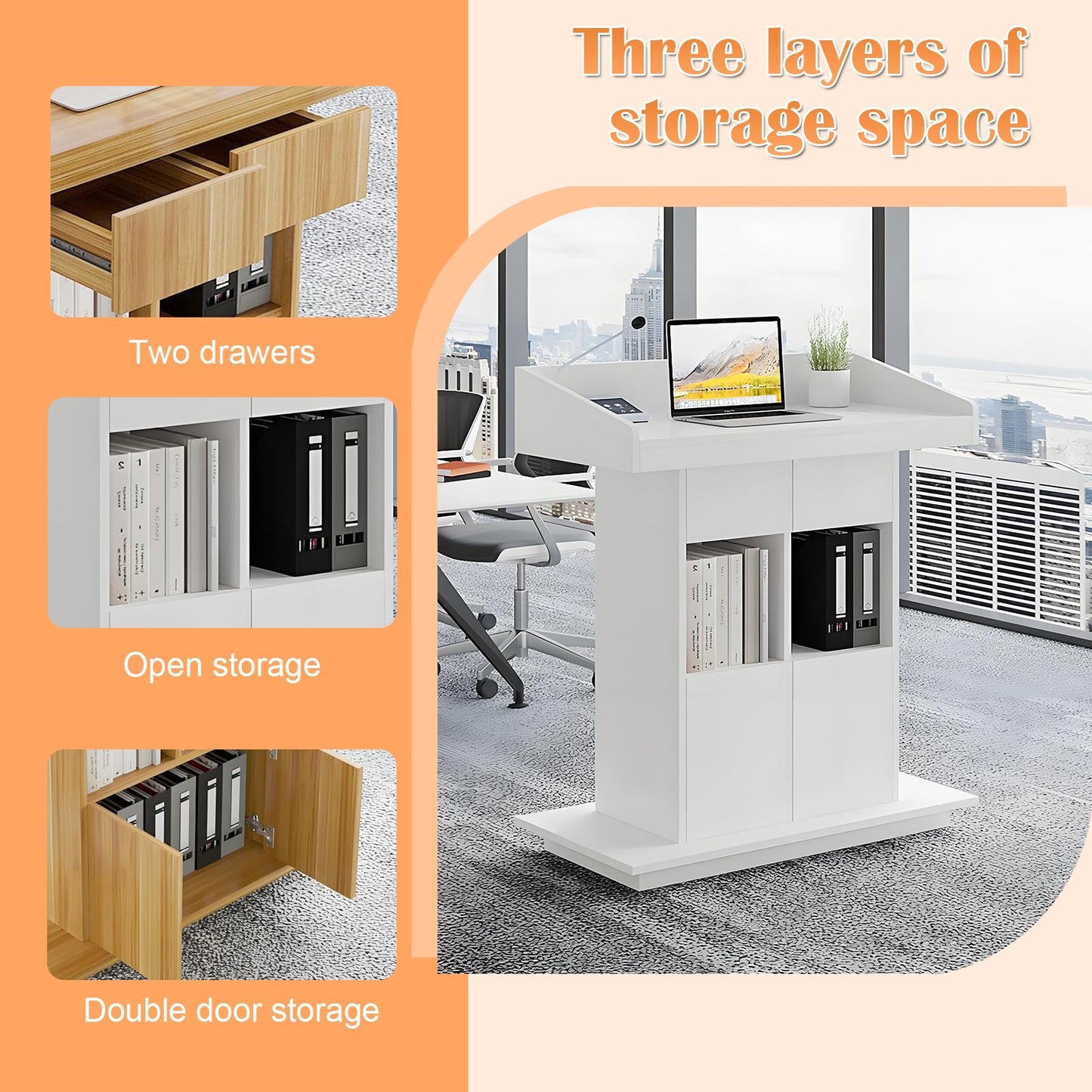 Wooden Podium Stand, Lecterns & Podiums with Storage Shelves and Drawer, Pulpits for Churches Classrooms and Conferences, Easy to Clean and Install (White, 39.4in)