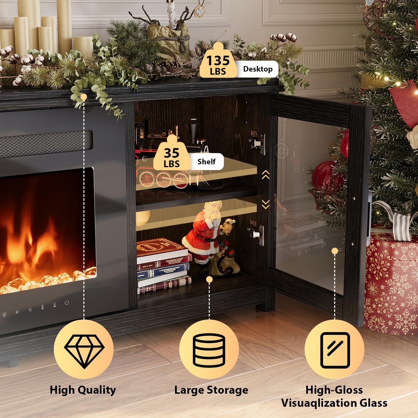 MXV 90" Fireplace TV Stand, Modern Entertainment Center with 60 Inch Electric Fireplace, Adjustable Shelf & Glass Door, Fire Place TV Console for Living Room, Black