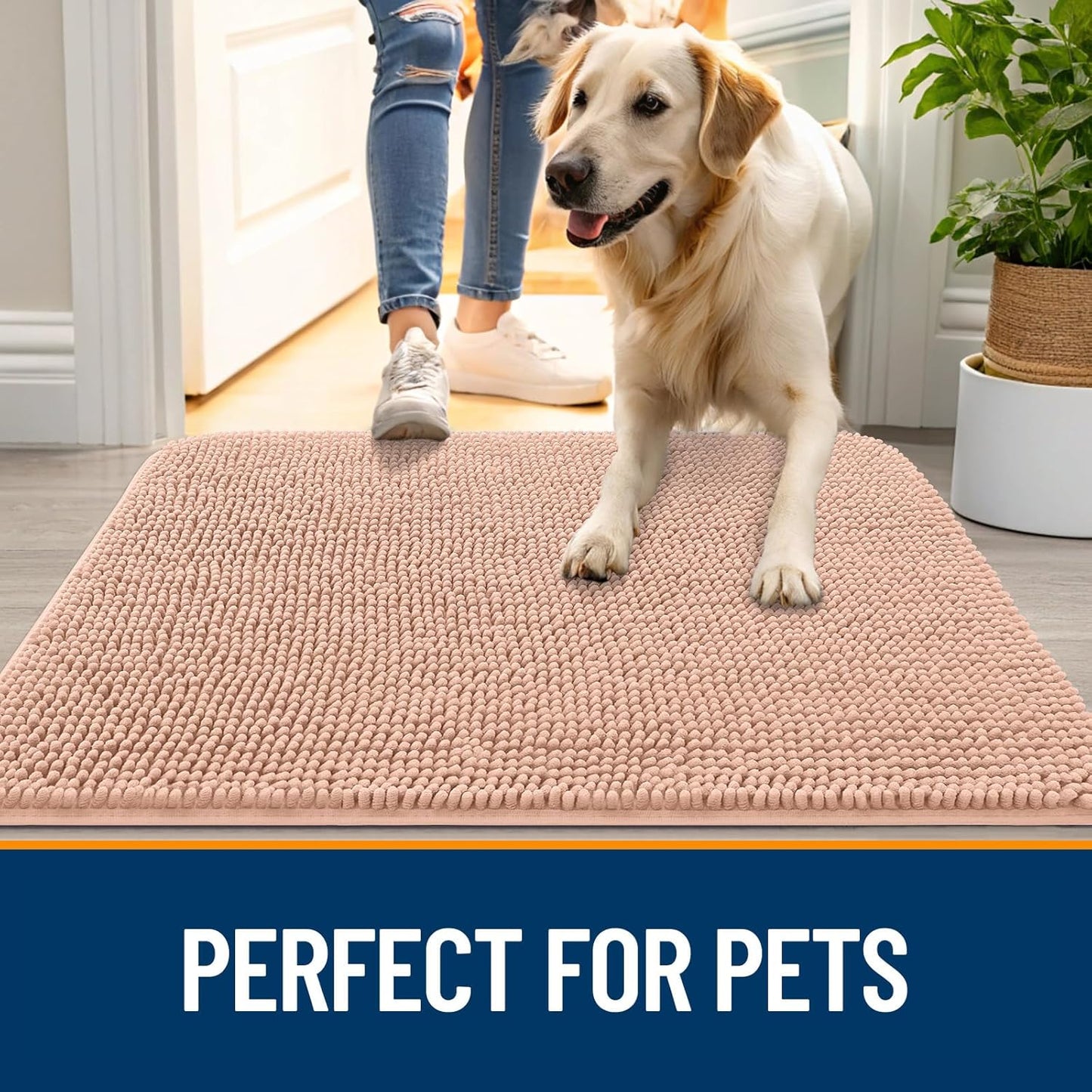 OLANLY Dog Door Mat - Absorbent Non-Slip Washable Doormat for Muddy Paws | 36x24 Peach Chenille Carpet
