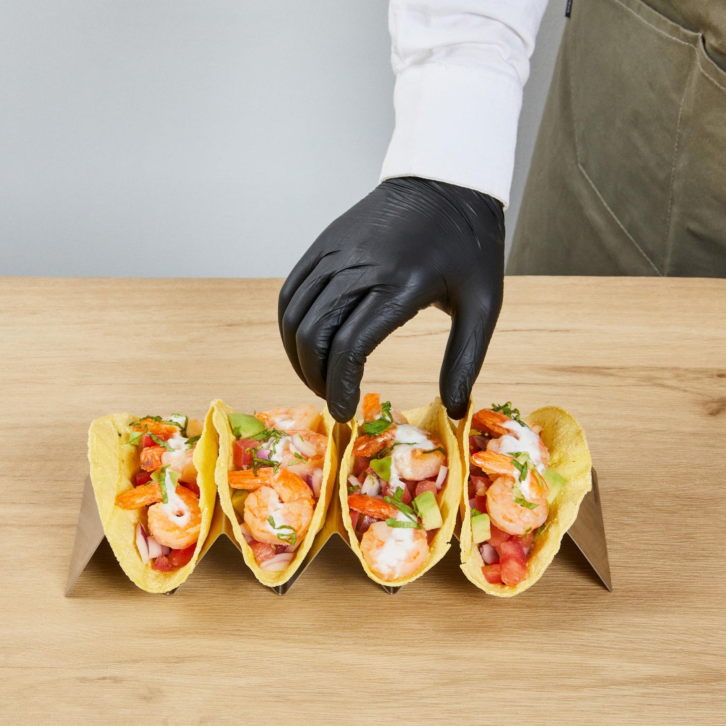 Restaurantware 10.7 Inch x 4 Inch Taco Stand 1 Holds 4 Tacos Taco Rank - Reversible Dishwasher Safe Stainless Steel Taco Holder For Hard Or Soft Shells