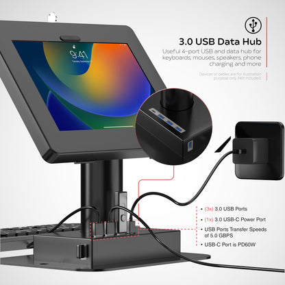 CTA Digital Integrated USB 3.0 Hub Desk Mount with Universal Security Enclosure for iPad 11 (A16) - Pro 11-inch M4 - Air 11-inch M3- iPad 10th Gen - Galaxy Tab & More Tablets - Black - (PAD-QRUSBKB)