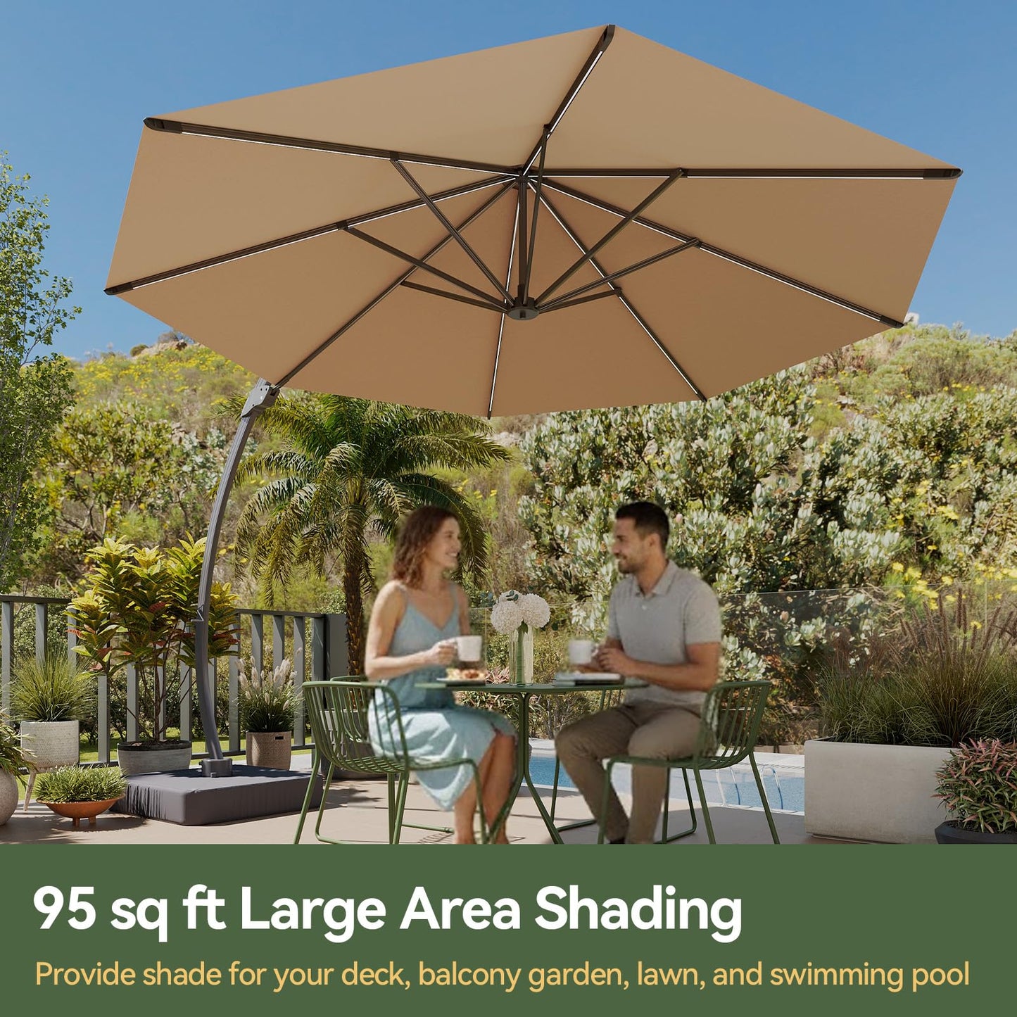 Aoxun 11 FT Cantilever Umbrella with led Light, Patio Large Aluminum Offset Umbrella Windproof with 360°Rotation, Heavy Duty Frame for Outdoor, Pool, Deck and Garden
