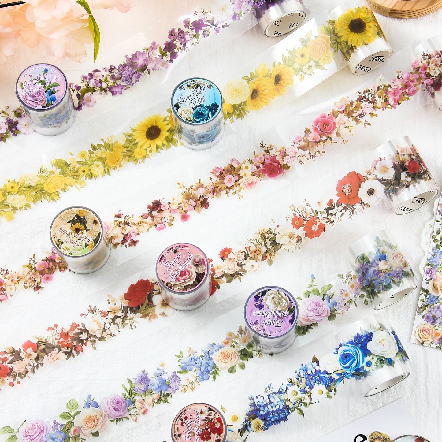 DAPUTOU 6 Rolls PET Washi Tape 50mm Wide Flowers Transparent Ephemera Light Decorative Aesthetic Floral Stickers Set for Junk Journaling, Scrapbook Supplies, Crafting, DIY Projects