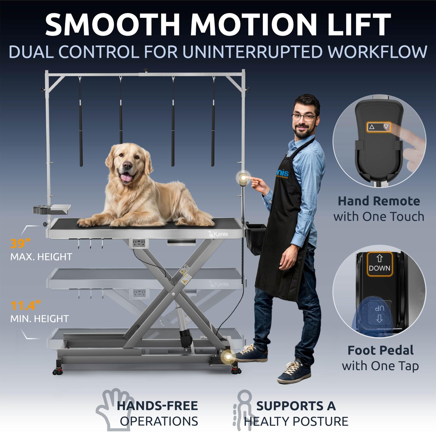 KANIS Professional Electric Dog Grooming Table - Heavy Duty, Height Adjustable Pet Grooming Table w/Leveling Wheels, Dog Grooming Arm, Anti-Slip Tabletop & Tool Organizer (Grey, 49")