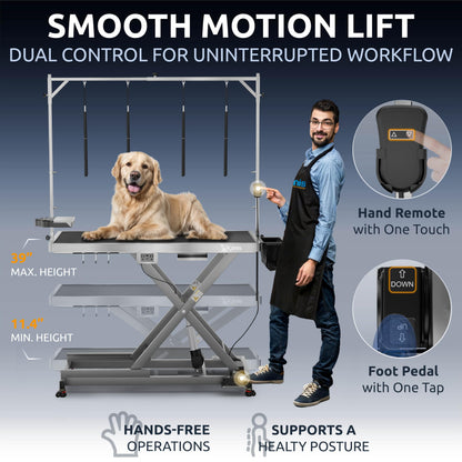 KANIS Professional Electric Dog Grooming Table - Heavy Duty, Height Adjustable Pet Grooming Table w/Leveling Wheels, Dog Grooming Arm, Anti-Slip Tabletop & Tool Organizer (Grey, 49")