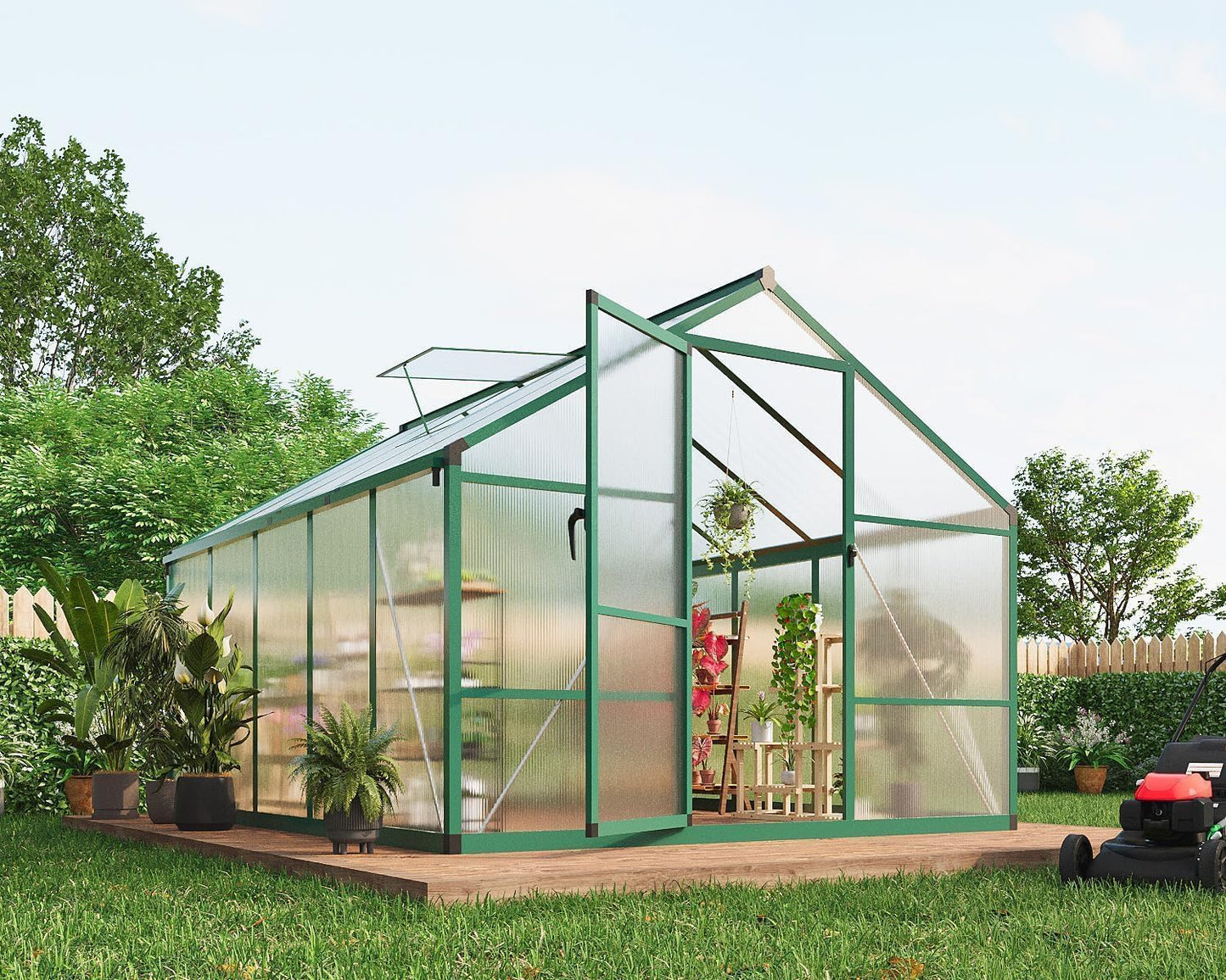8X10 FT Greenhouse for Outdoors, Polycarbonate Flower Greenhouse with Roof Vent, Push-Pull Lockable Door, Aluminum Walk-in Greenhouses for Outside Garden Backyard, Patio, Lawn, Green