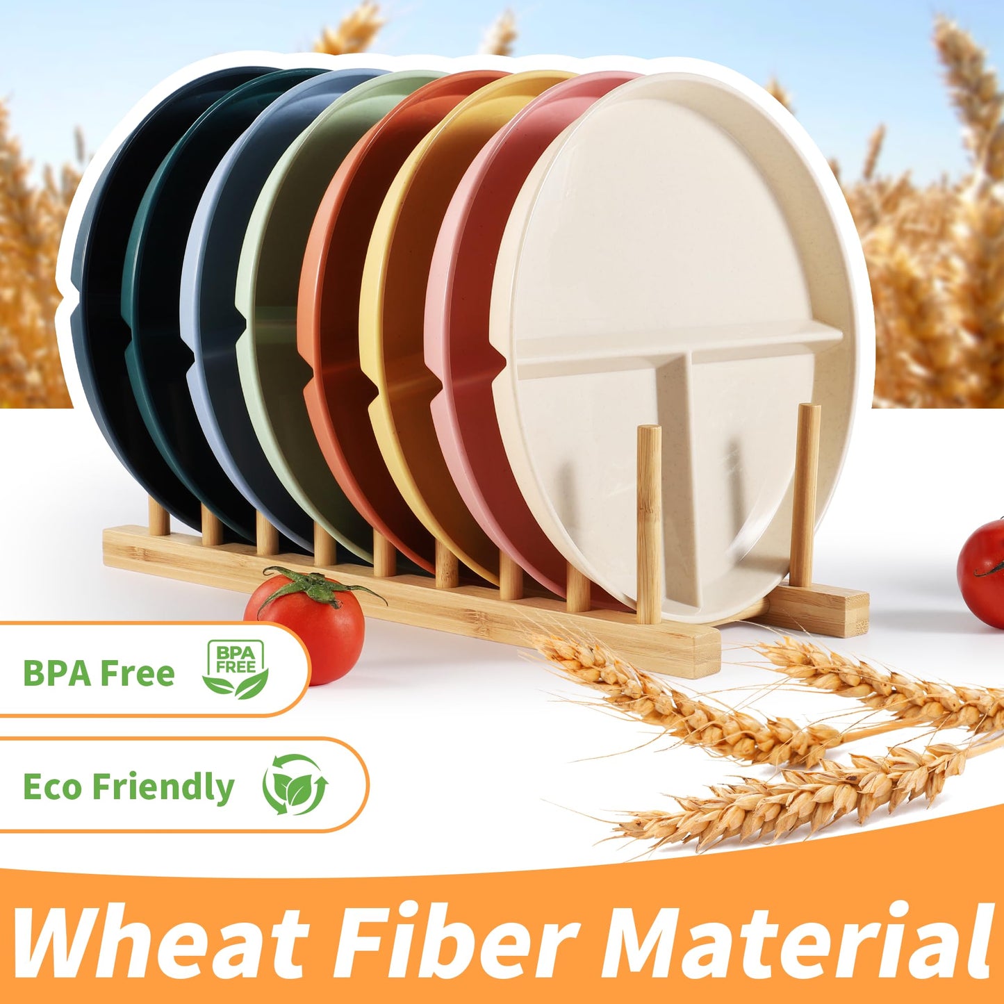 becutlery 9" Unbreakable Divided Plates (8 PCS). Microwave & Dishwasher Safe! For kids & adults. Wheat straw, BPA - free. Portion control for health/weight loss. 3 -compartment, durable & smooth.