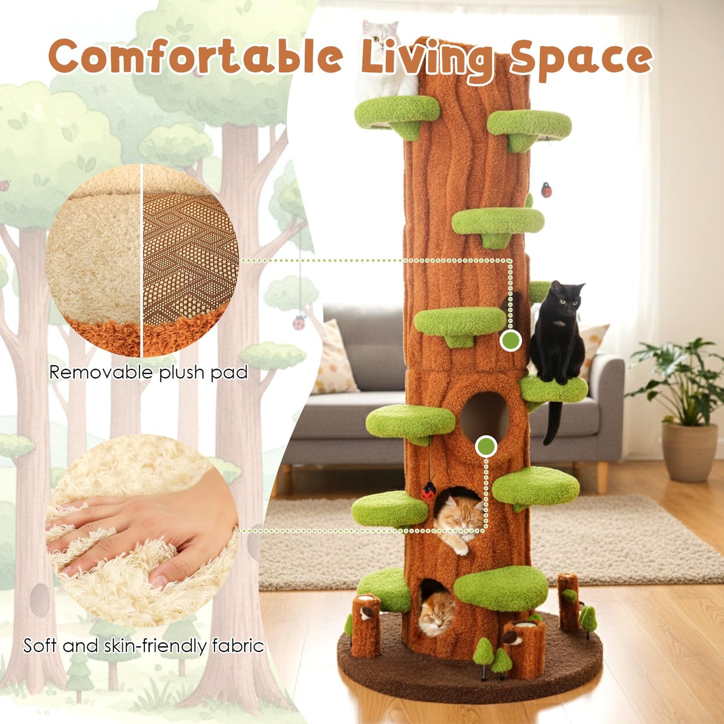 NUNU LAB Large Cat Tree for Indoor Cats – Multi-Level Solid Wood cat Tree Tower with Sisal Scratching Posts, Jumping Platforms, Plush Perches & Spring Toys for Multi-Cat Homes