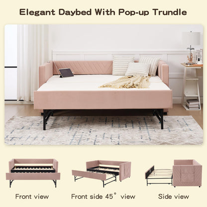 DNYN Velvet Daybed with Pop-up Trundle and USB Ports for Bedroom/Guest/Living Room, Space-Saving Twin Size Bed Frame with Side Pockets and V-Grained Backrest Design, No Box Spring Needed