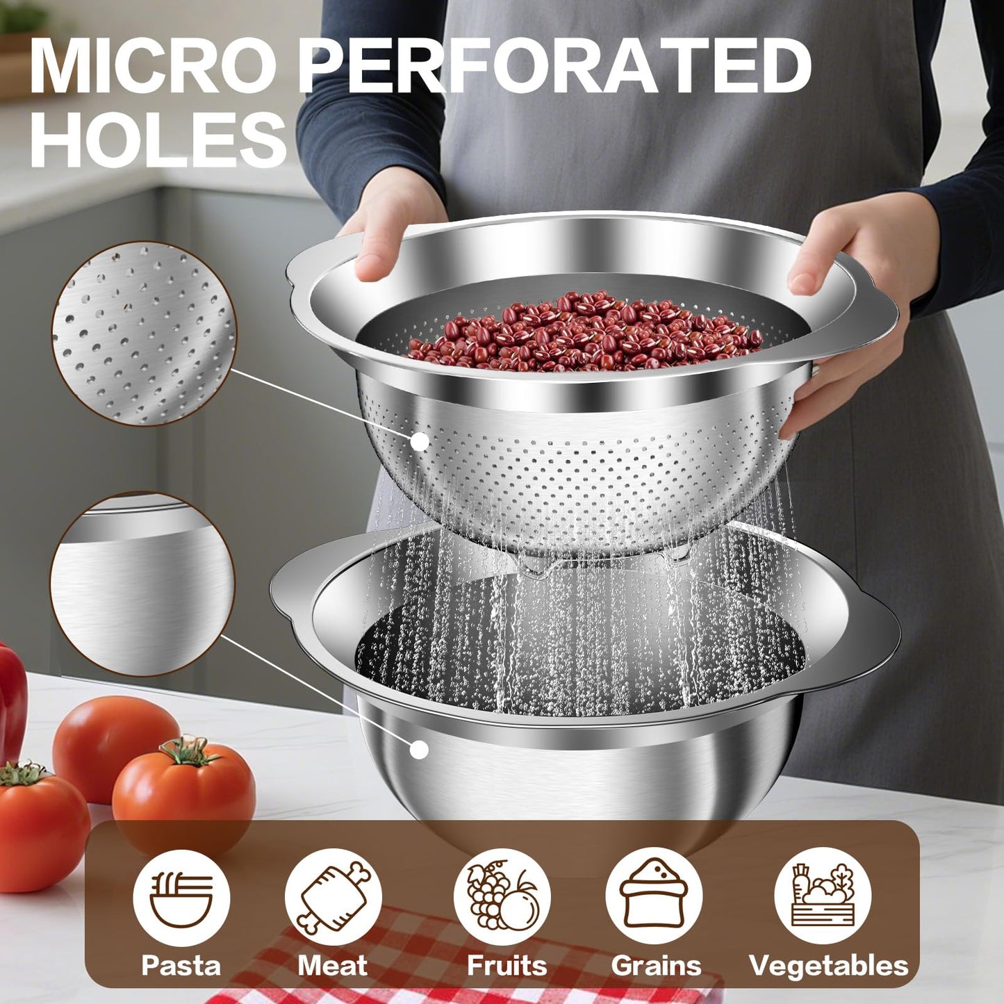 Colander, Strainer Bowl, Stainless Steel Colander, Rice Washing Bowl, Pasta Strainer & Vegetable Washer, Kitchen Strainer with Mixing Bowl for Draining, Food Prep, Dishwasher Safe, 4QT