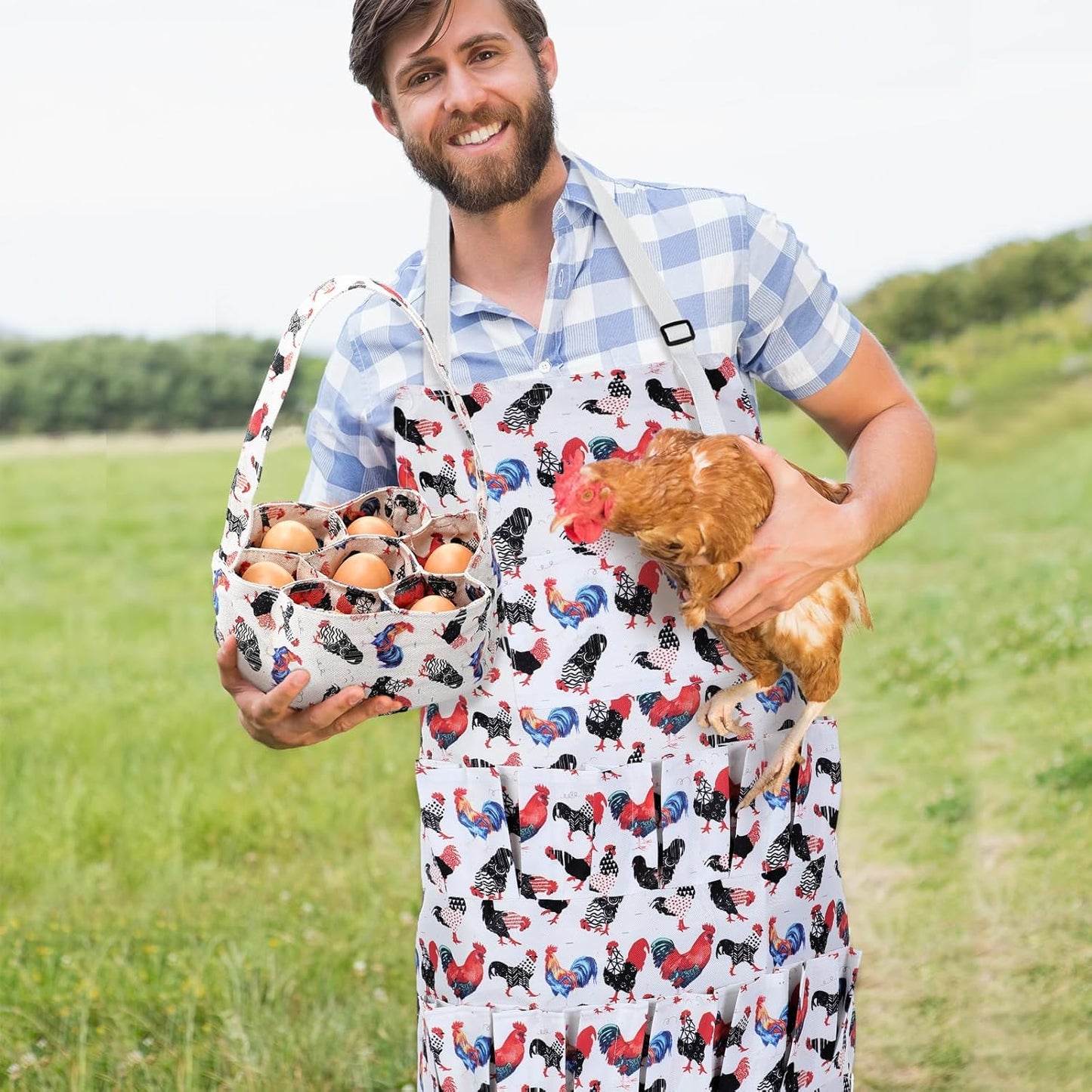 2 15 7 Cutecrop Pcs Egg Collecting Apron with Pocket Gathering Basket with Pouch for Chicken Duck Goose Eggs Easter