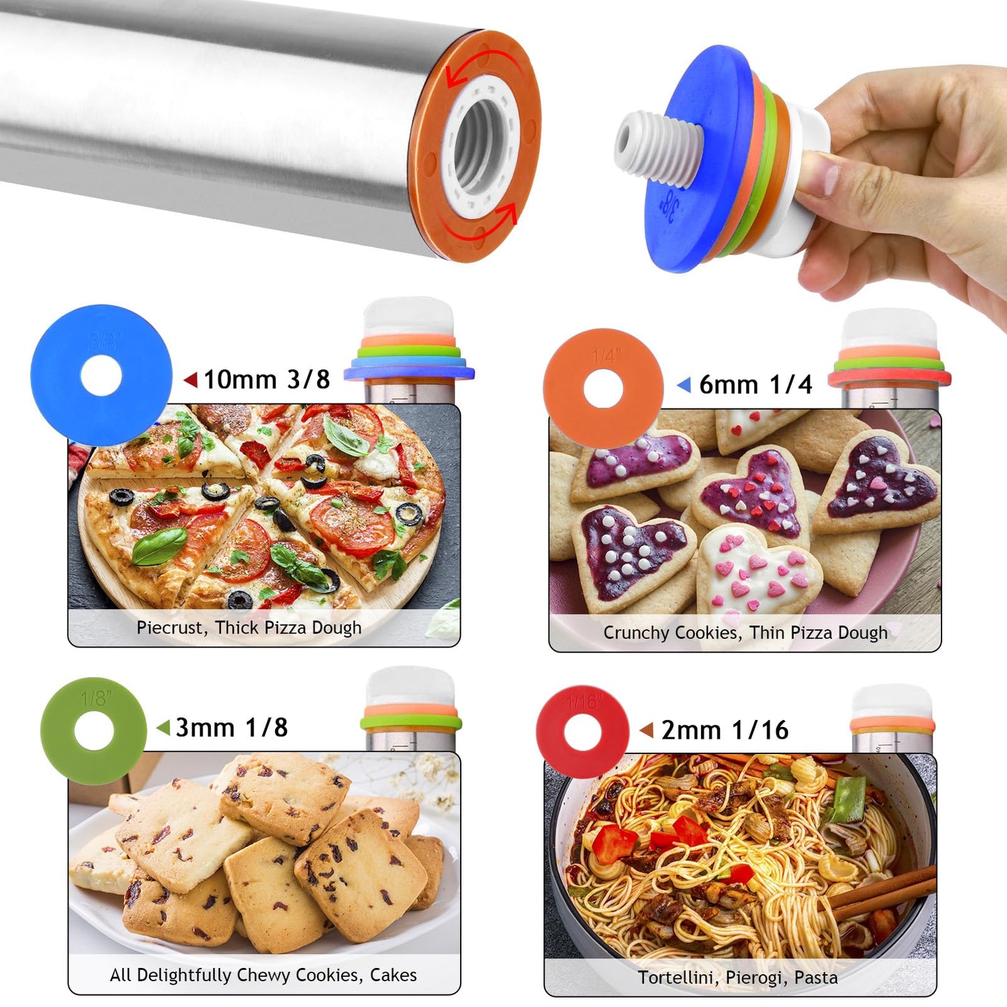 Amremsu Adjustable Rolling Pin 19 Baking Tool Set and Silicone Baking Pastry Mat Set,Thickness Rings,Stainless Steel Dough Roller Rolling Pins for Baking Dough, Pizza, Pie, Pastrie(Red Mat)