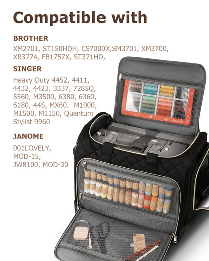 Arcoyard Sewing Machine Case with Wheels, Integrated Rolling Sewing Machine Carrying Tote Bag with Removable Bottom Board & Multiple Storage Pockets, Compatible with Singer, Brother, Janome, Black