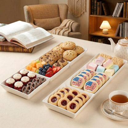 DELLING 16x5 Inch Ceramic 3-Section Serving Tray Set of 3, Stackable Divided Serving Platter - White Porcelain Appetizer Tray for Snack Food Dessert, Dishwasher Safe