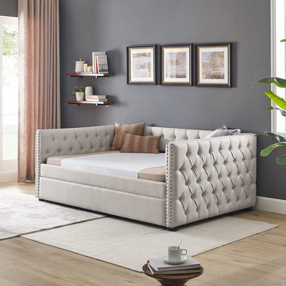Acosure Upholstered Full Size Daybed with Trundle Twin,Solid Wooden Sofa Bed Frame W/Button Tufted & Copper Nail on Square Arms,No Spring Box Need,Bedframe for Living Room Bedroom Dorm,Beige Linen