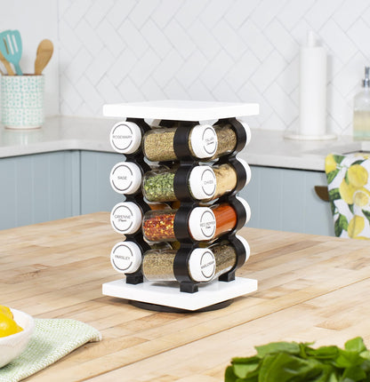 Orii 16 Jar Rotating White Spice Rack with Spices Included & 5-Year Spice Refill Program – Compact Countertop Spice Rack with Glass Jars
