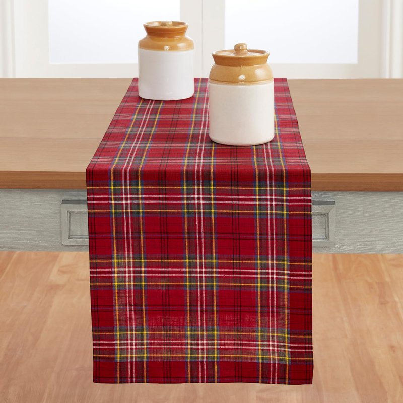 Solino Home Table Runner 90 Inches Long - 100% Pure Linen Red Classic Tartan Plaid Table Runner 14 x 90 Inch for Dining