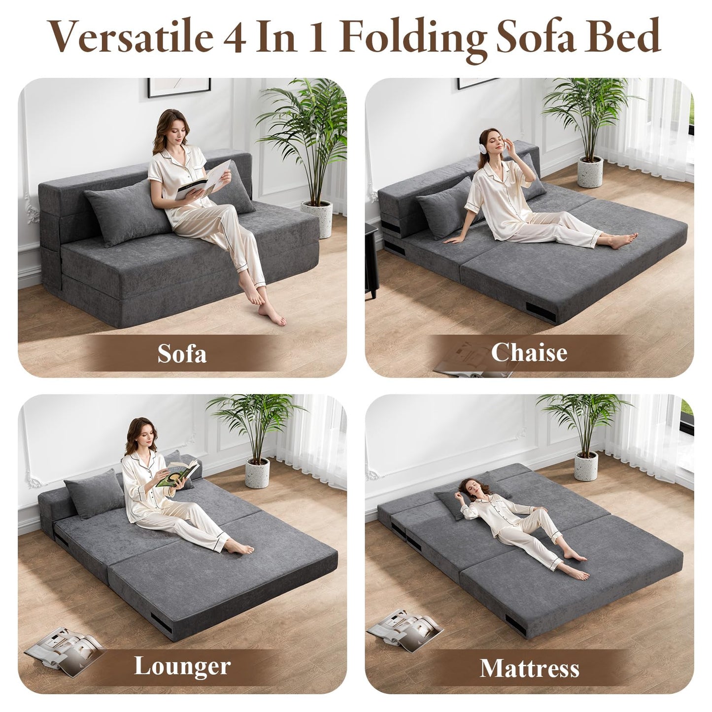 HOMFINE Folding Sofa Bed - Convertible Sleeper Chair with Pillow, Fold Out Couch, Memory Foam Floor Mattress, Futon Couch, Lazy Sofa for Living Room/Dorm/Guest Room/Home Office, Grey, Queen Size
