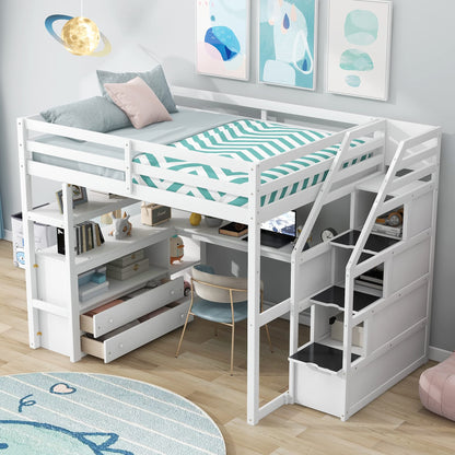 Brisca Full Size Loft Bed with Desk and Shelves,Multifunctionl Bedroom Bed Frame w/Two Built-in Drawers & Storage Staircase,Solid Wood Slats Support,for Kid Adult Boy Girl Teens,White