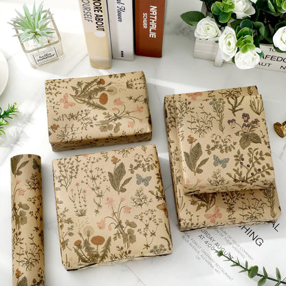 JarThenaAMCS Vintage Wildflower Kraft Wrapping Paper -Mini Roll- 17In x 32.8Ft Green Brown Floral Gift Wrap Paper Craft Paper for Spring Birthday Wedding Bridal Baby Shower Party Packing Supplies