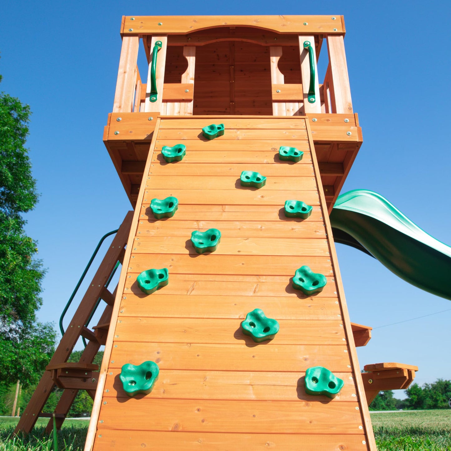 Backyard Discovery Woodland Cedar Wood Swing Set with Wave Slide, Clubhouse, Rock Wall, Snack Bar Station, Benches, Belt Swings, Trapeze, Half Door, Balcony, Step Ladder, Outdoor Playset