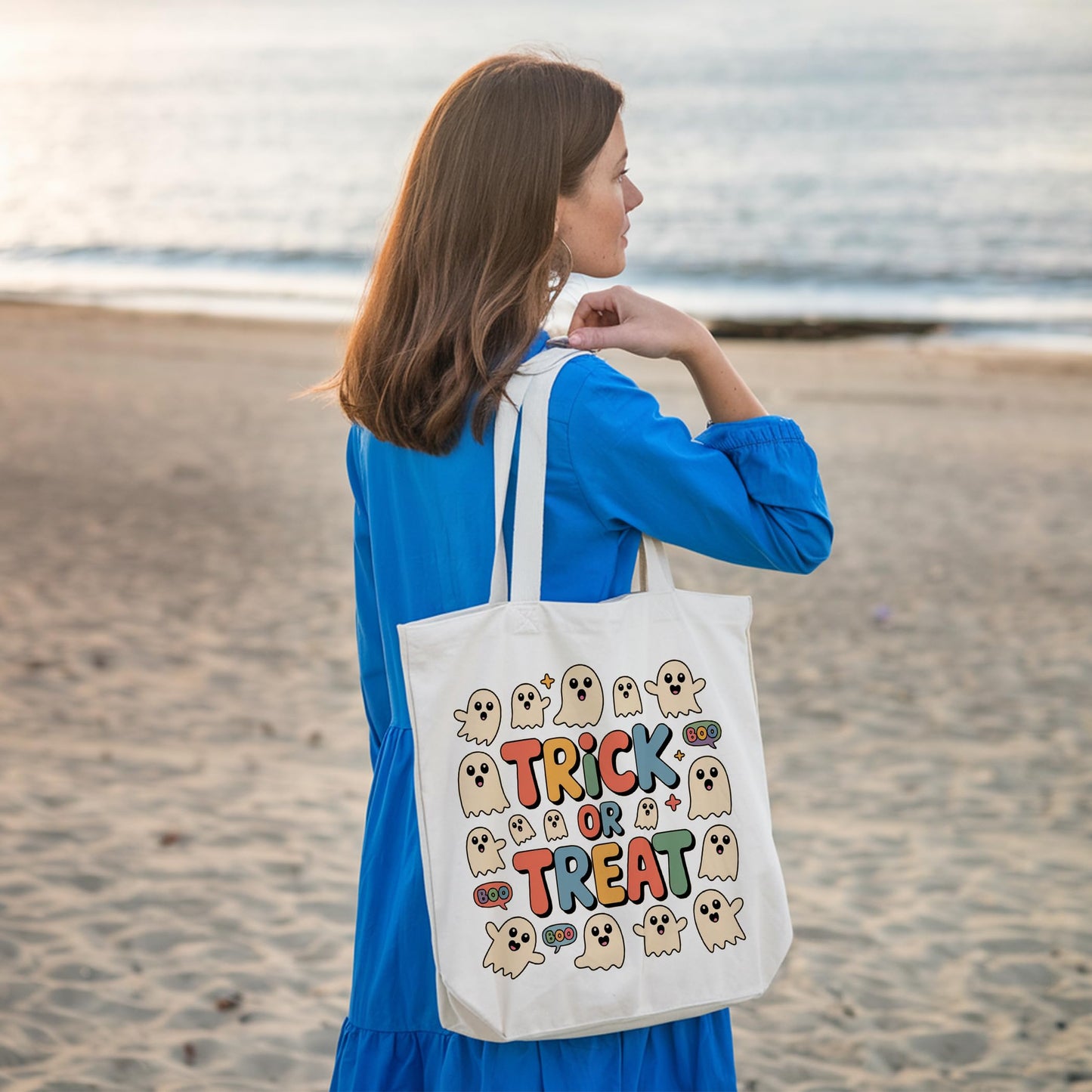 LRYBUD Halloween Tote Bag Trick or Treat for Women Canvas Womens Work Tote Bag Gifts