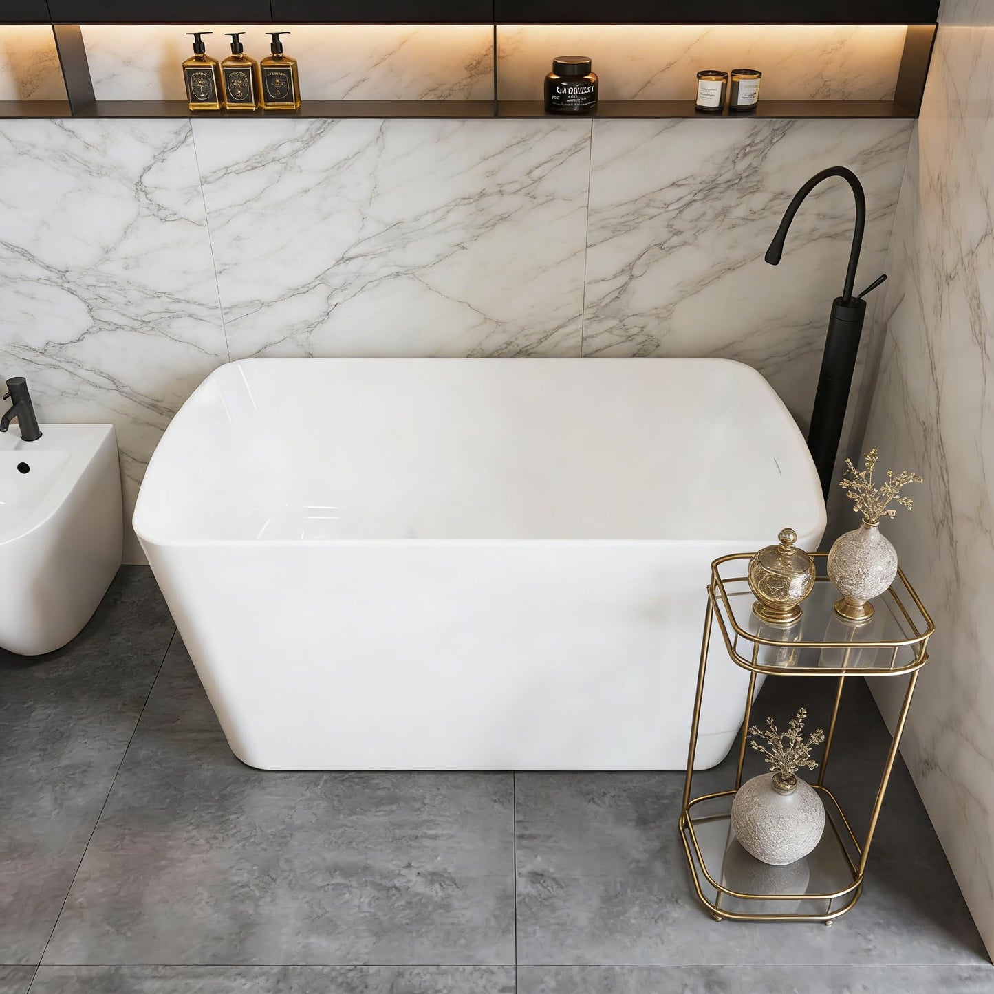 49" Acrylic Freestanding Soaking Bathtub, Matte Black Drain & Overflow, Modern Design Unique Tub for Home Bathroom Renovations, Glossy White