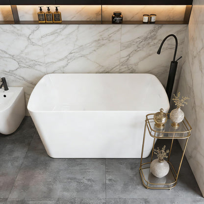 49" Acrylic Freestanding Soaking Bathtub, Matte Black Drain & Overflow, Modern Design Unique Tub for Home Bathroom Renovations, Glossy White