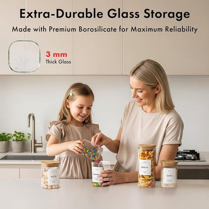 EDELHAUS Glass Storage Containers - Airtight 12-Pack with Bamboo Lids | Stackable Kitchen Canisters (4x 30 oz, 8x 17 oz)
