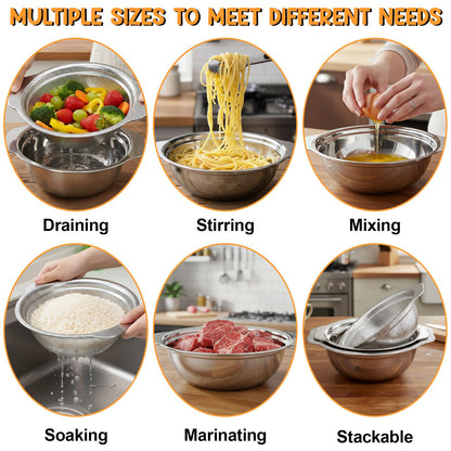 7Pcs Stainless Steel Colander Set, Rice Strainer with Mixing Bowl, 3/4/5QT Large Capacity Microporous Colander with Handle, Mesh Strainer for Washing and Draining Vegetables, Fruit, Dishwasher Safe