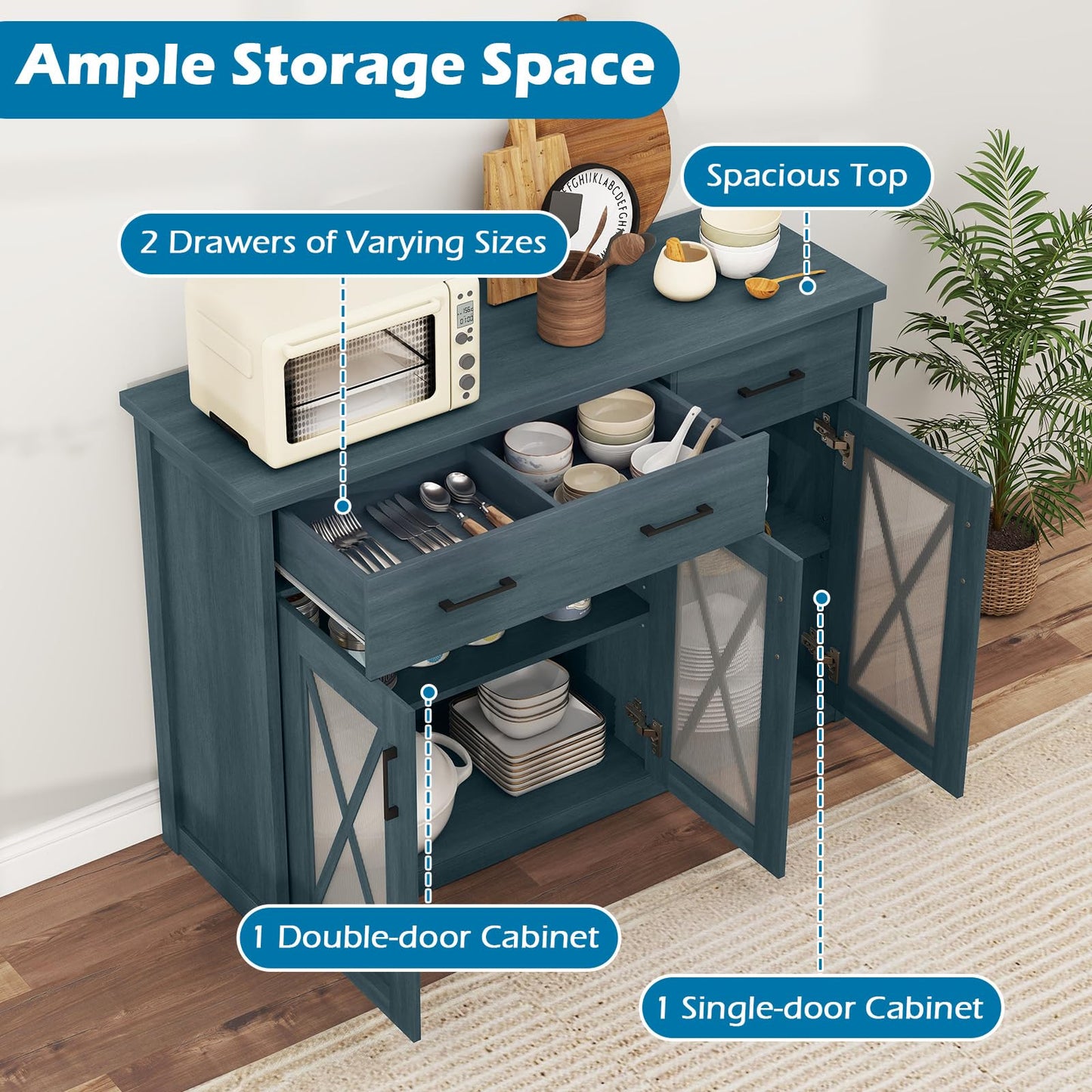 Giantex Farmhouse Buffet Cabinet w/Fluted Glass Doors, 47'' Kitchen Sideboard w/ 2 Drawers & Adjustable Shelves, Rustic Coffee Bar Cabinet w/Anti-Tip Device for Dining Room Living Room (Turquoise,1)