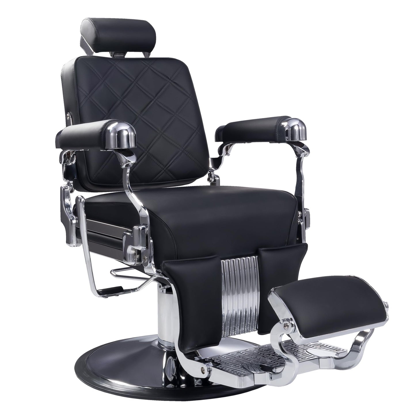 MyS Heavy Duty Barber Chair – 700 lbs Capacity Industrial Hydraulic Reclining Salon Chair, 135° Reclining with Stainless Steel Leather (Silver)