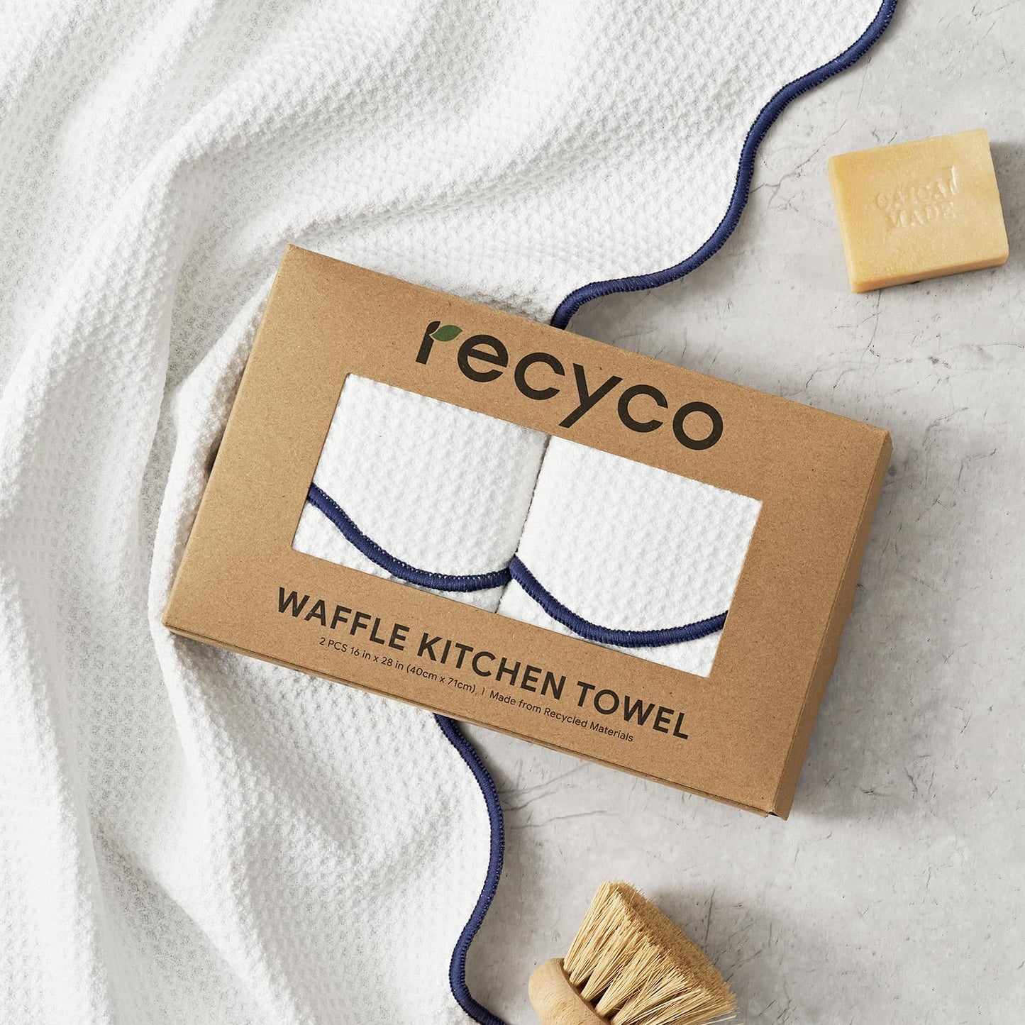 RECYCO Waffle Kitchen Towel Set of 2 - Quick Dry Microfiber Sustainable Dish Towels - Ultra Absorbent Reusable Cleaning Tea Towels - Lightweight Hand Towels,16”x 28”, Navy Blue