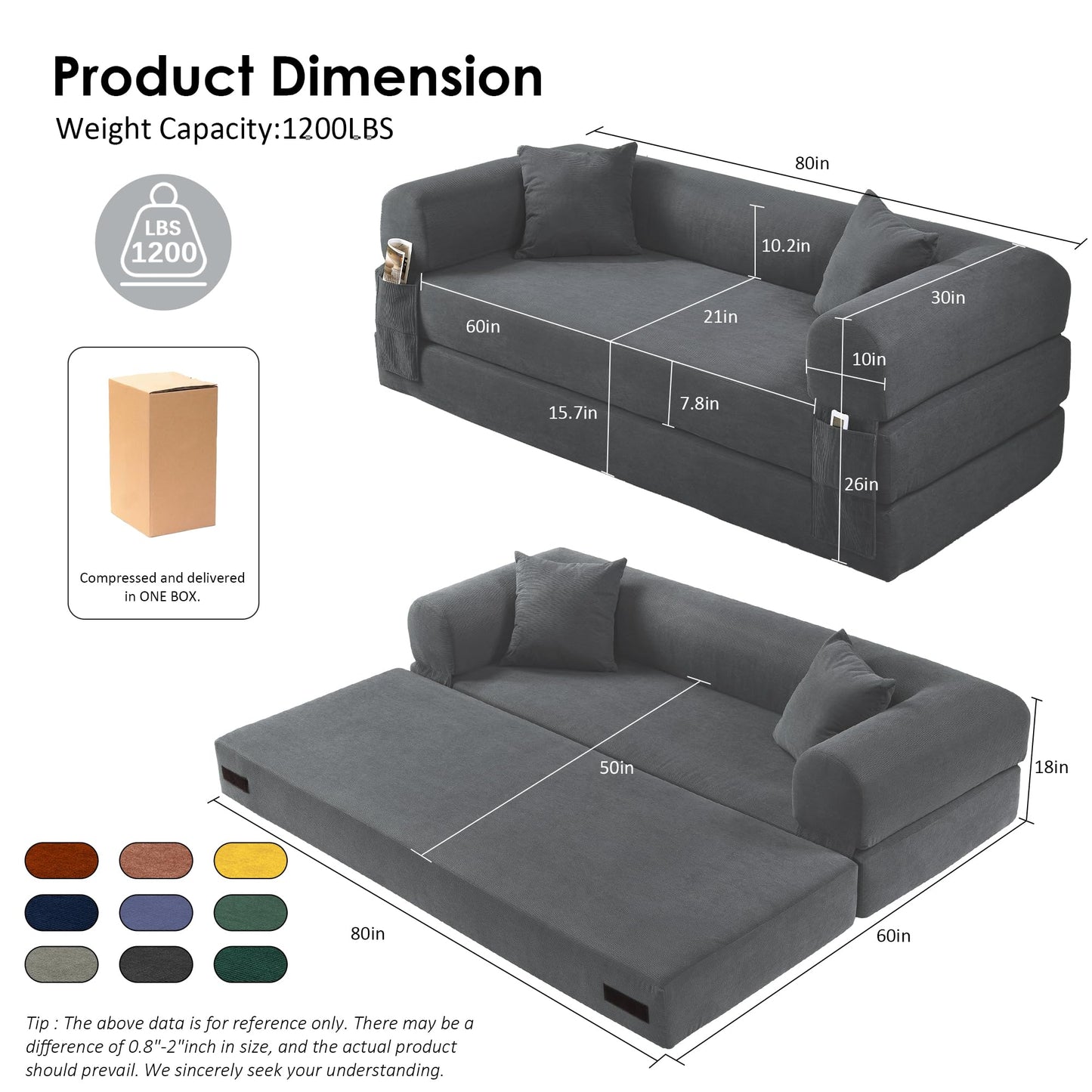 80” Convertible Sofa Bed, Cloud Boneless Couch Floor Sleeper Bed with Pillows, Corduroy Compression Sofa in Box, No Assembly Modular Lounge Couch for Living Room, Smog Gray