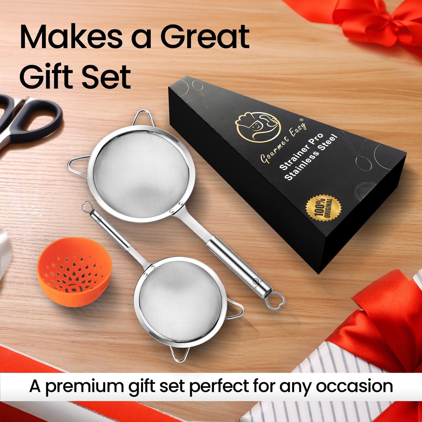 Stainless Steel Fine Mesh Strainer Set, Colander Set with 1 Large Flour Sifter (Sturdy Handle), 1 Small Mesh Sieve for Pasta & Rice, 1 Silicone Can Strainer – Durable, Dishwasher Safe, 5-Year Warranty
