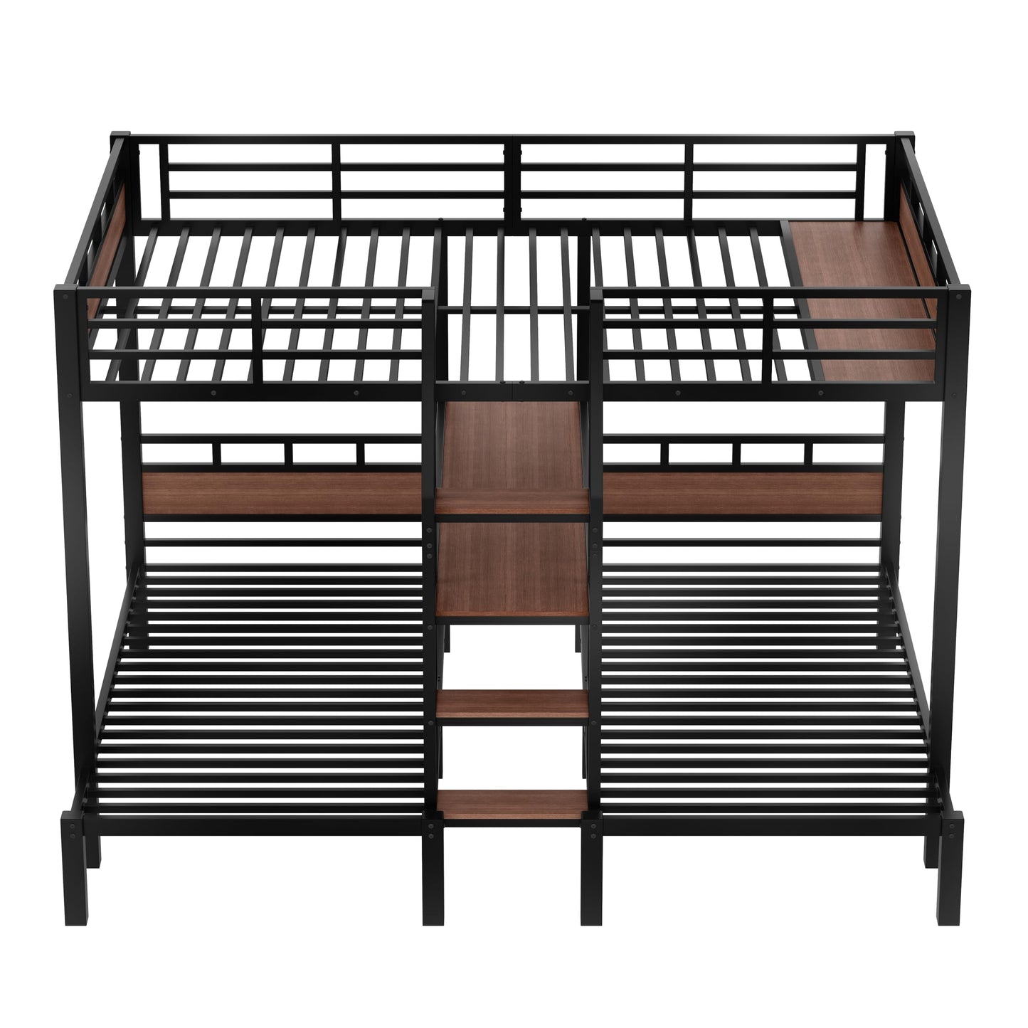 Bellemave Queen Over Twin Over Twin Bunk Bed with Stairs and Storage Shelf, Heavy Duty Triple Bunk Beds with Safety Guardrails, Metal Triple Bunk Bed Frame for 3 Kids, Teens, Black