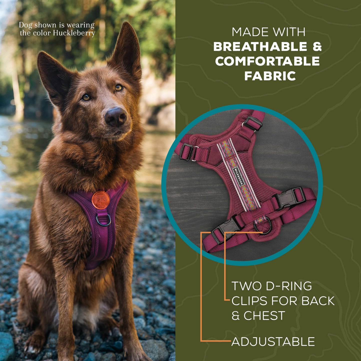 Wilderdog Lightweight Dog Harness with Reflective Straps - Medium - Huckleberry